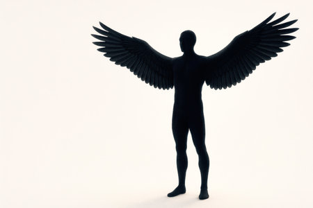 A black figure of a man with large wings. Space for textの素材