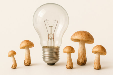 An electric light bulb stands among the mushroomsの素材