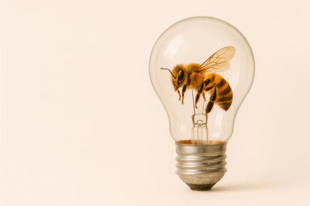 A bee sits inside a light bulb. Space for textの素材