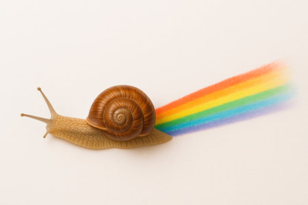 The snail leaves a rainbow trail behind it. Space for textの素材