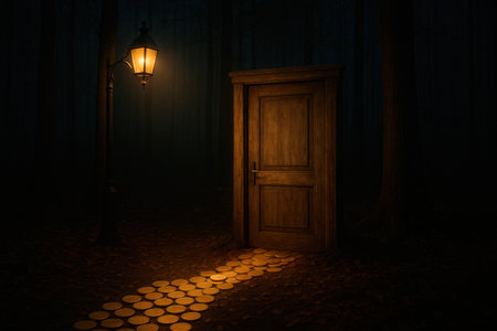 A lonely door in the woods, lit by a lanternの素材