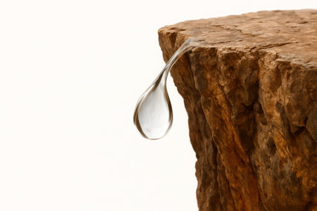 A drop of water hanging from the edge of a cliff. Space for textの素材