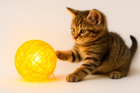 A kitten plays with a bright glowing ballの素材