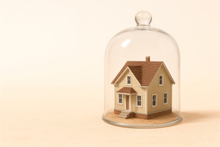A miniature house under a transparent glass dome. Space for textの素材