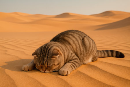 A cat sleeps on the sand in the middle of the desertの素材