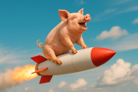 A pig with an open mouth sits astride a rocketの素材