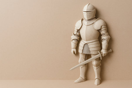 A paper knight stands with a sword against the wall. Space for textの素材