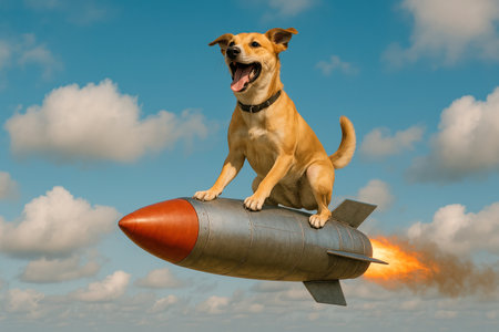 A dog flies on a rocket in the skyの素材