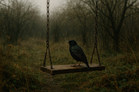 A bird is sitting on a swing in a foggy gardenの素材