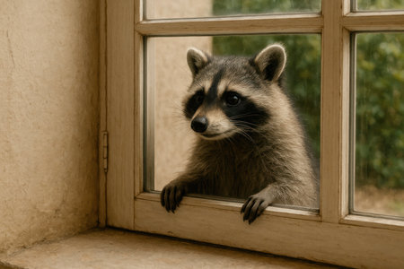 A raccoon looks through the window from the streetの素材