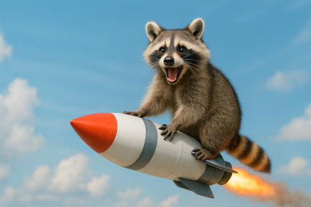 A raccoon flies on a rocket in the sky. Space for textの素材