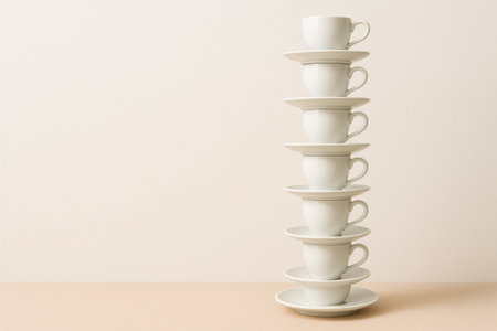 A high tower of white cups and saucers. Space for textの素材