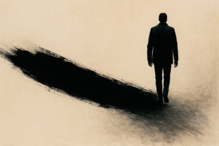 A person walks forward, leaving a black trail. Space for textの素材