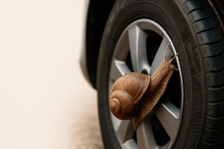A snail crawls along the wheel of a car. Space for textの素材