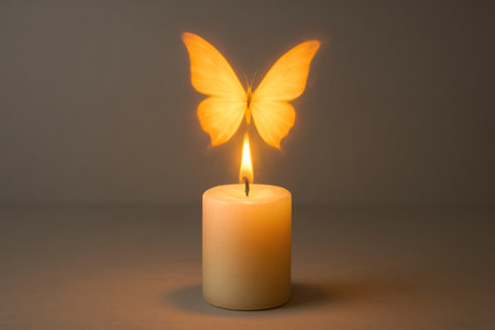 A burning candle with a flame in the shape of a butterflyの素材