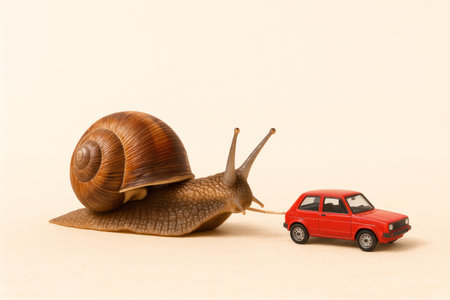 A snail is dragging a small red carの素材