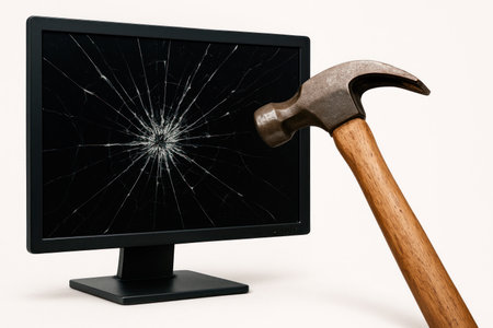 The hammer breaks the computer screenの素材