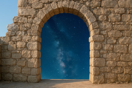 A stone arch overlooking the starry skyの素材