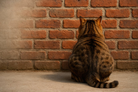 The cat is sitting with his back against a brick wall. Space for textの素材