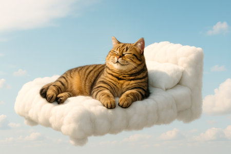 A cat lies on a bed made of clouds in the skyの素材
