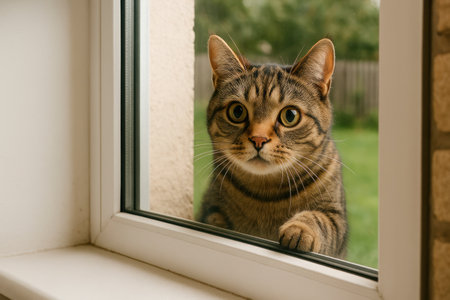 A tabby cat looks through the windowの素材