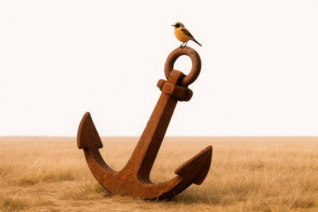 A small bird sits on a huge rusty anchorの素材