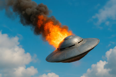A flying saucer on fire falls from the skyの素材