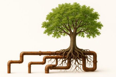 A tree with roots in rusty pipesの素材