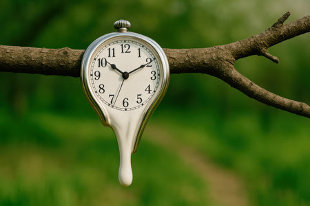 A melting clock hangs on a branchの素材