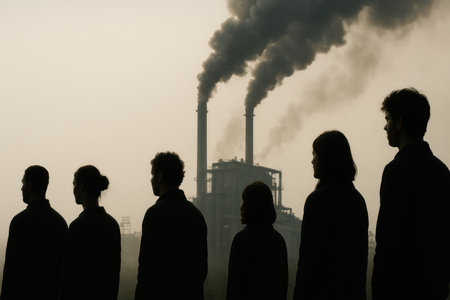 People are standing in line against the background of a plant with smokeの素材