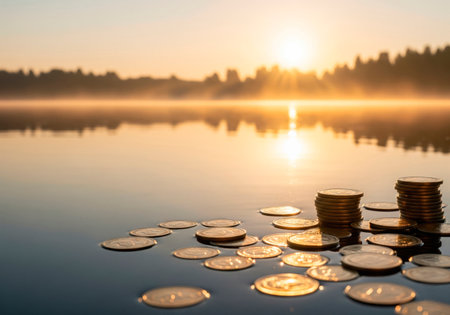 Gold coins on the water with a sunset in the background. Space for textの素材