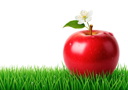 A red apple with a flower on the grass. Space for textの素材