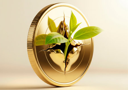 A green sprout grows through a gold coinの素材