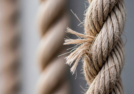 Thick rope with frayed fibers close-up. Space for textの素材