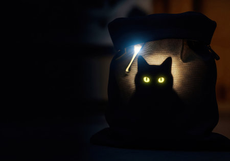 A black cat with eyes glowing in the dark. Space for textの素材