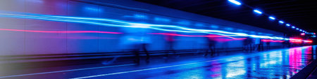 Bright light lines and silhouettes of people in the night tunnelの素材