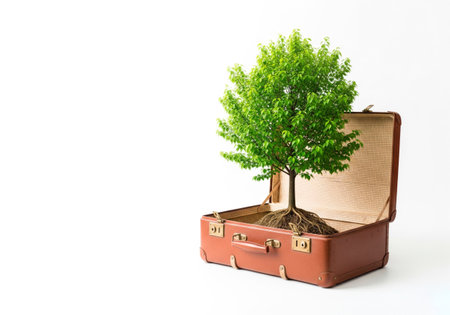 A tree grows out of a suitcase. Space for textの素材