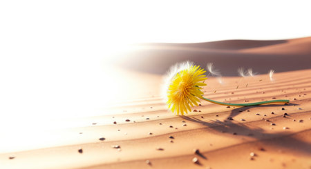 A lonely dandelion in the desert with flying seeds. Space for textの素材