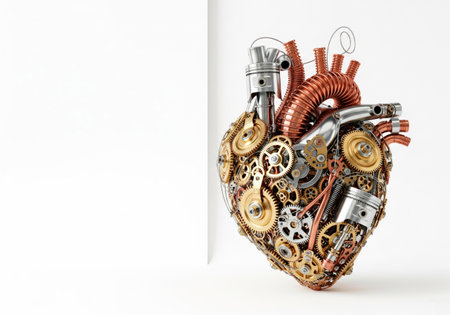 Mechanical heart made of gears and metal parts. Space for textの素材