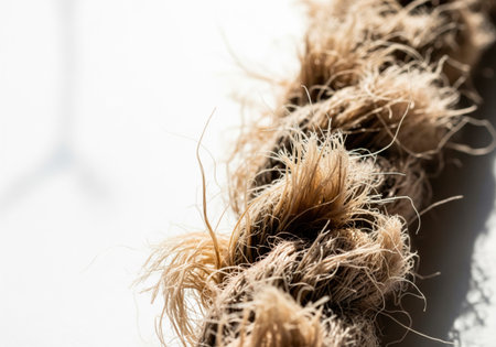A worn-out rope with protruding fibers on a light background. Space for textの素材