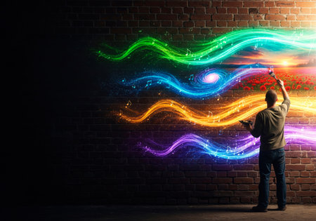 Artist drawing light lines on a brick wall. Space for textの素材