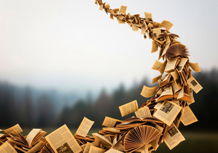 A stream of many old books and pagesの素材