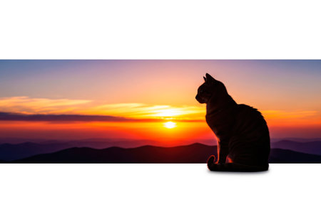 A cat is sitting against the background of a colorful sunset in the mountainsの素材
