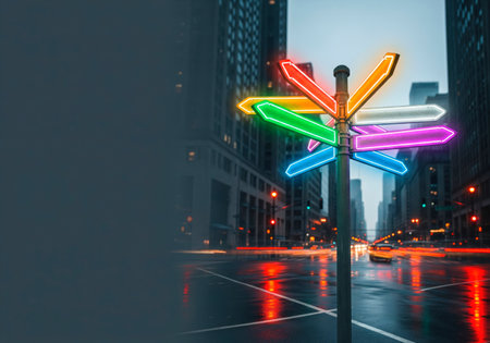 Neon sign with arrows in different directions on the street of the city. Space for textの素材