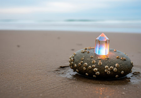 A glowing crystal on a stone by the sea. Space for textの素材