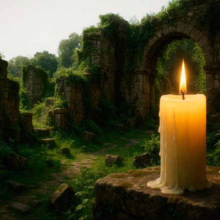 A large burning candle among ancient ruins overgrown with greeneryの素材