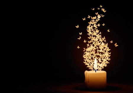 A white candle with a flame of flying butterflies. Space for textの素材