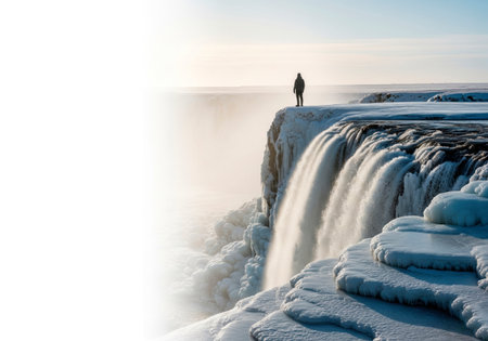 A man stands by a frozen waterfall in the middle of snow and ice. Space for textの素材