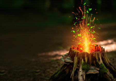 A stump with a fire from which green shoots grow. Space for textの素材