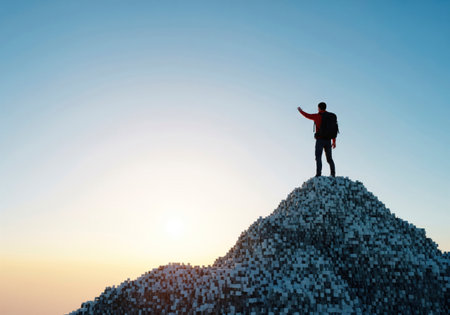 A man stands on top of a mountain of cubes. Space for textの素材